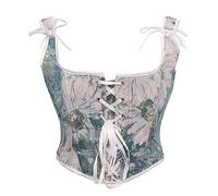 Bslingerie® Women Retro Vintage Victorian Animal Cat Print Bustier Renaissance Crop Top Tank Top Corset (L, Blue Chrysanthemum)