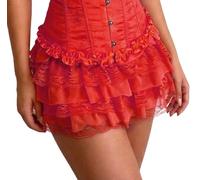 bslingerie Women Y2K Lace Trim Multi Layer Ruffle Vintage Skirt with Shorts Underneath, Red, XL
