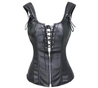 Bslingerie Womens Black Faux Leather Straps Boned Corset with Zipper Size: UK 10-12 (M)