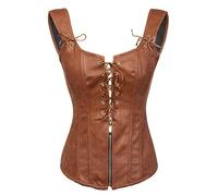 Bslingerie® Womens Black Faux Leather Straps Boned Corset with Zipper (UK 8-10 (S), Brown)