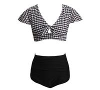 Bslingerie Women's Flounce Sleeve High Waisted Two-Piece Swimsuit with Front Tie Ruched Bottom Plus Size Bathing Suit Set (UK, Alpha, S, Regular, Regular, Standard, Checkered)