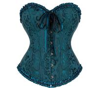 Bslingerie Women's Victorian Steampunk Corset Top Floral Brocade, Ruffled Trim Plus Size Shapewear (UK, Alpha, XXL, Regular, Regular, Turquoise)