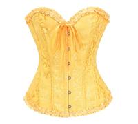 Bslingerie Women's Victorian Steampunk Corset Top Floral Brocade, Ruffled Trim Plus Size Shapewear (UK, Alpha, S, Regular, Regular, Yellow)