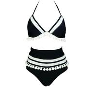 Bslingerie Women's Vintage Tassel 1950s High Waisted Bikini Bathing Suit 2 pcs Swimsuit Set (UK, Alpha, M, Regular, Regular, Black)