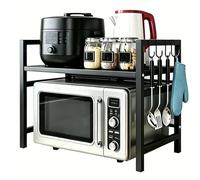 BSLVV Expandable Microwave Oven Rack, 2 Tier Heavy Duty Kitchen Counter Shelf with 6 Hooks, Adjustable Carbon Steel Stand for Air Fryer, Toaster & Coffee Machine, Space Saving Black Storage Organizer