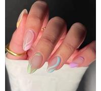 BSLVWG 24 Pcs Almond Press on Nails Short, Multicolour French Stick on Nails with Wavy Patterns, Nude Swirl False Nails Short for Women, Oval ABS Acrylic False Nails with Glue for Nails Art
