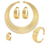BSLVWG 5PCS Jewelry Sets for Women African National Statement Necklace Open Cuff Bracelet Chunky Costume Jewelry Set Hoop Earrings Women Rings Bangle Gold Choker Statement Necklace (Gold)