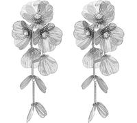 BSLVWG Boho Hawaiian Flower Long Dangle Earrings for Women,Bohemian Gold Layered Petal Exaggerated Statement Wedding Jewelry Earrings Metal Floral Tassel Stud Earrings for Women (Silver)