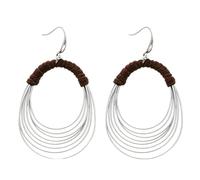 BSLVWG Boho Layered Oval Hoop Earrings for Women,Brown Fabric Wrapped Multi Thin Gold Wire Fringe Drop Dangle Earrings,Bohemian Lightweight Statement Hoop Jewelry for Vacation Daily Wear (Silver)