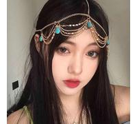 BSLVWG Gold Head Chain Jewelry Boho Turquoise Hair Chain Tassel Bridal Head Chain Beach Pendant Festival Forehead Headband Headpieces Prom Costume Hair Accessories for Women and Girls