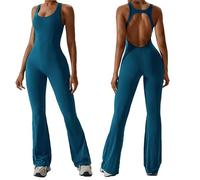 BSLVWG Sleeveless All In One Jumpsuit Women Workout Flare Jumpsuits Sexy Open U Back Square Neck Unitard Bodycon Scrunch Butt Yoga Bodycon Stretch Hip Lift Sportwear (Blue, XL)