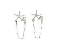 BSLVWG Summer Beach Gold Starfish Shell Earrings for Women, Double Layer Chain Fake Pearl Dangling Drop Earrings, Boho Ocean Sea Animal Statement Earrings Holiday Wedding Party Costume Jewelry,Silver