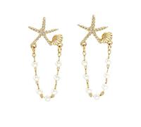 BSLVWG Summer Beach Gold Starfish Shell Earrings for Women, Double Layer Chain Fake Pearl Dangling Drop Earrings, Boho Ocean Sea Animal Statement Earrings Holiday Wedding Party Costume Jewelry,Gold