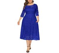 BSLVWG Women Plus Size Lace Cocktail Dresses Summer Round Neck Short Sleeve Wedding Guest Midi Dress with Pocket (UK, Alpha, 3XL, Plus, Regular, Blue)
