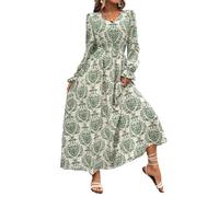 BSLVWG Women's Boho Floral Print V-Neck A-Line Maxi Dress - Long Sleeves, Casual Wrap, Elastic - Autumn & Beach Swing Dress (UK, L, Regular, Green)