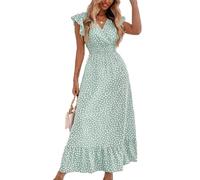 BSLVWG Womens Maxi Dress Ruffle Petal Short Sleeve V Neck Floral Flowy Summer Beach Holiday Sundress Casual Elastic High Waist Long Dress (UK, Alpha, XL, Regular, Regular, Green)