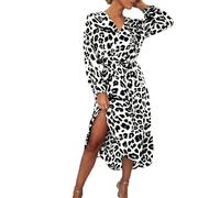 BSLVWG Women's Sexy Leopard Print Midi Dress Long Sleeve Tie Wrap Dresses for Women V-Neck Ladies Casual Dress Autumn Winter (UK, Alpha, L, Regular, Regular, White)