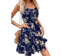 BSLVWG Womens Summer Dress Spaghetti Strap Dresses Casual Floral Print Flared A-Line Sleeveless Swing Mini Dress Dresses for Beach Hawaii (UK, Alpha, XL, Regular, Regular, Navy)