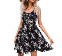 BSLVWG Womens Summer Dress Spaghetti Strap Dresses Casual Floral Print Flared A-Line Sleeveless Swing Mini Dress Dresses for Beach Hawaii (UK, Alpha, S, Regular, Regular, Black)