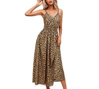 BSLVWG Women's Summer Spaghetti Straps Flared V Neck Dress Ruched Sleeveless Leopard Beach Long Dress (UK, Alpha, M, Regular, Regular, Brown)