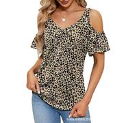 BSLVWG Womens V Neck Tops Cold Shoulder Short Sleeve T-Shirt Pleated Floral Printed Tunic Blouse Tops Shirt Tops (UK, Alpha, XL, Plus, Regular, Leopard)