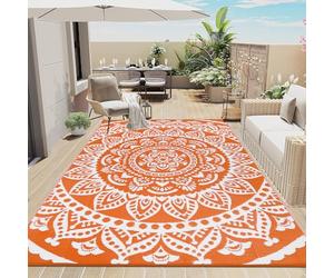 Bsmathom Waterproof Outdoor Rug 6'x9' Reversible Boho Plastic Straw Patio Deck Camping Rugs, Indoor Outdoor Portable RV Mat Clearance Carpet for Outside, Porch, Balcony, Backyard, Beach, Pool,Orange