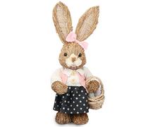 BSMEAN Easter Bunny Decoration, Cute Straw Rabbit Bunny Easter Decorations Home Holiday Rabbit Ornaments Handmade Standing Bunny Figure Easter Party Photography Props