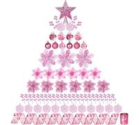 BSMYBO 76PCS Christmas Tree Decorations Set, Pink Christmas Ornaments Poinsettia Flowers Artificial Christmas Balls Star Topper Berry Stems Snowflakes Mesh Ribbons for Xmas Tree Decor (13 Style)