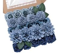 BSMYBO Artificial Flowers Combo Box Set Fake Roses Dahlia Dusty Blue Flowers Artificial Chrysanthemum Ball with Stems for Wedding Bridal Bouquets Centerpieces Baby Shower Party Home Decorations
