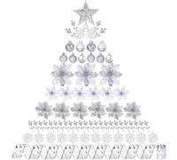 BSMYBO Christmas Tree Decorations Set Silver Christmas Ornaments 76PCS Glitter Poinsettia Artificial Flowers Christmas Balls Star Topper Berry Stems Snowflakes Mesh Ribbons for Xmas Tree Party Holiday