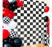 BSRESIN 2 Packs Race Car Foil Fringe Curtain, Black White Checkered Glitter Metallic Tinsel Backdrop for Birthday, Baby Shower, Racing Car Truck One Happy Dude Party Decorations Supplies