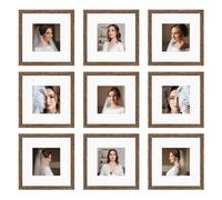 BSRHOME 10x10 Picture Frame Set of 9, Display Pictures 8x8 with Mat or 10x10 without Mat, Multi Collage Gallery Square Photo Frames for Wall or Tabletop,Distressed Brown