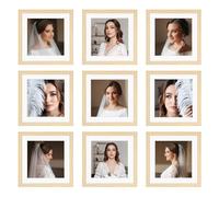 BSRHOME 10x10 Picture Frame Set of 9, Display Pictures 8x8 with Mat or 10x10 without Mat, Multi Collage Gallery Square Photo Frames for Wall or Tabletop, Natural Wood