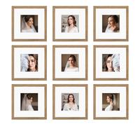 BSRHOME 10x10 Picture Frame Set of 9, Display Pictures 8x8 with Mat or 10x10 without Mat, Multi Collage Gallery Square Photo Frames for Wall or Tabletop,Light Brown