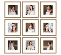 BSRHOME 12x12 Picture Frame Set of 9, Display Pictures 8x8 with Mat or 12x12 without Mat, Multi Collage Gallery Square Photo Frames for Wall or Tabletop,Light Brown
