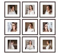 BSRHOME 12x12 Picture Frame Set of 9, Display Pictures 8x8 with Mat or 12x12 without Mat, Multi Collage Gallery Square Photo Frames for Wall or Tabletop, Brown