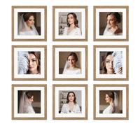BSRHOME 8x8 Picture Frame Set of 9, Display Pictures 4x4 with Mat or 8x8 without Mat, Multi Collage Gallery Square Photo Frames for Wall or Tabletop,Light Brown