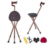 BSROZKI Heavy Duty Walking Cane with Folding Seat, 440 lbs Capacity, Adjustable, Aluminum Alloy, Brown with LED Light