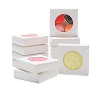 Bssay 60Pcs Small Soap Packaging Boxes 4.3x4.3x1.2 Inch,White Square Paper Boxes Gift Wrapping Box with Round Clear Window for Bakery Cookies Cake Candy Soap Packaging Birthday Gift Boxes（White）