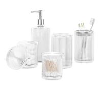 BSSN Glass Bathroom Accessories 5 Pcs, Clear Bathroom Set, Soap Dispenser, Toothbrush Holder Set, Tumber, Qtip Holder Set, Vintage Bathroom Sink Set, Cute Bathroom Decor
