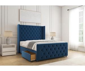 Bsspoke Florida Divan Bed Set Blue Plush Velvet With 54Inch Headboard & Footboard 2 Drawers Footend & Mattress In All Sizes