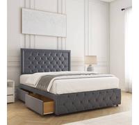 Bsspoke Lena Divan Bed Plush Velvet 24"headboard 2Drawers Same Side &mattress In Charcoal Charcoal