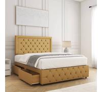 Bsspoke Lena Divan Bed Plush Velvet 24"headboard 2Drawers Same Side &mattress In Mustard Mustard