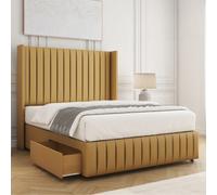 Bsspoke Luna Divan Bed Set Mustard Plush Velvet 54Inch Headboard & Footboard 2 Drawers Footend & Mattress In All Sizes