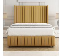 Bsspoke Luna Divan Bed Set Mustard Plush Velvet 54Inch Wingedback Headboard & Footboard & Mattress No Drawers In All Sizes