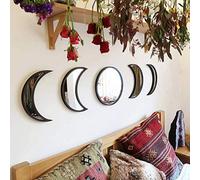 BSTCAR Pack of 5 Acrylic Mirrors Bohemian Wall Decoration Moon Mirror Wooden Mirror Self-Adhesive 3D Decorative Mirror Bedroom Headboard Living Room Dorm Children's Room