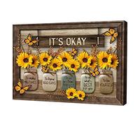 BSTCAR Wooden Rural Art Wall Decoration IT‘S OKAY Butterfly Sunflower Wall Art Painting with Frame Poster Art Decoration for Home Living Room Office Bar Housewarming Gift for Family Friends 30 * 20CM