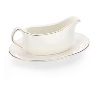 BSTKEY 17 Oz White Ceramic Gravy Boat with Tray, Porcelain Saucier Pitcher with Gold Rim Decor, Sauce Boat with Big Dripless Lip Spout for Gravy, Salad Dressings, Creamer, Milk