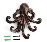 BSTKEY Cast Iron & Bronze Octopus 5-Tentacle Decorative Wall Hook - Rustic Towel & Key Holder (Bronze & Red)