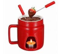 BSTKEY Ceramic 200ml Cheese Fondue Pot Butter Warmer Set with 2 Forks, Red | Small Chocolate Caramel Melting Pot Decorative Milk Fondue Set Tea Light Candle Warmer with Handle for Party